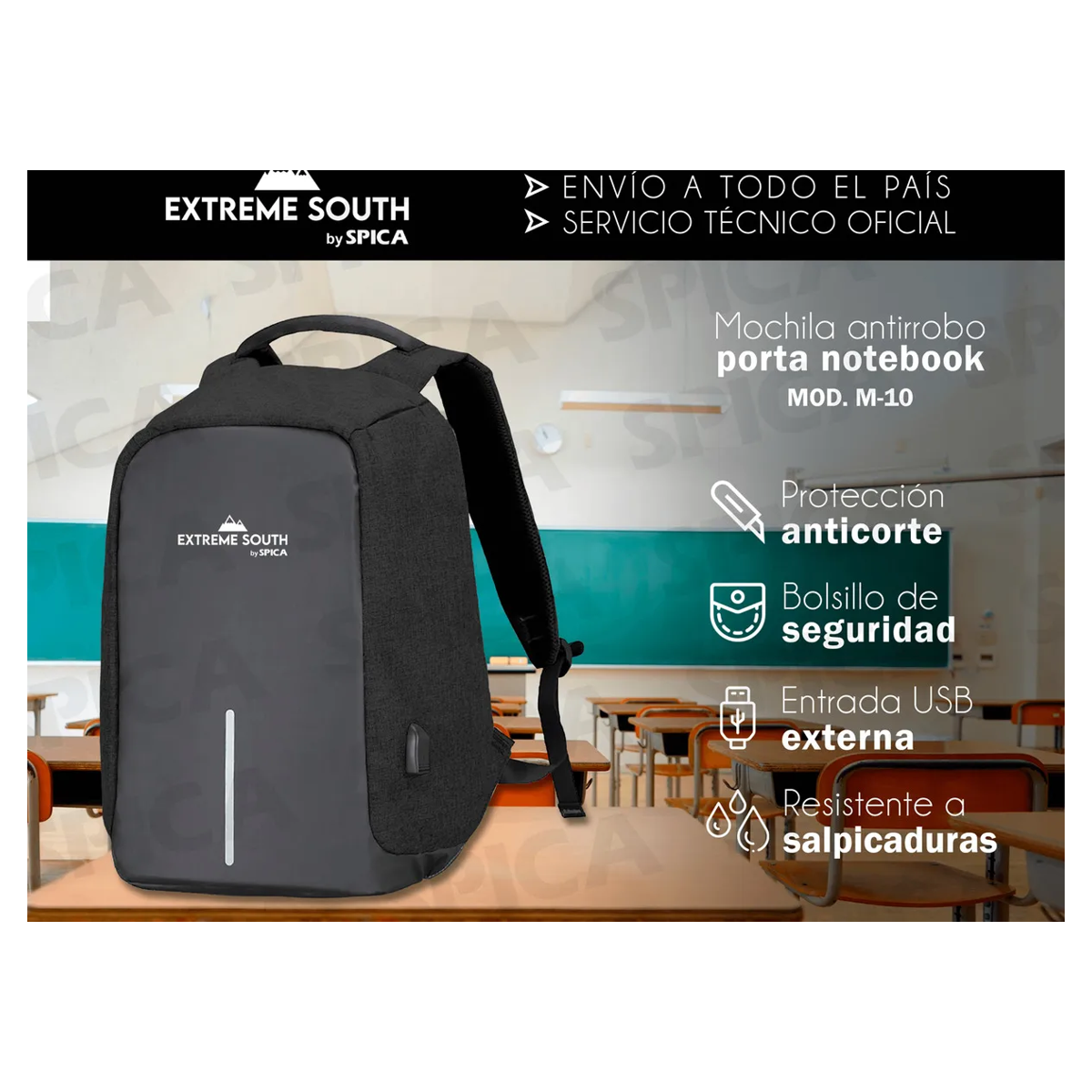 Mochila antirrobo EXTREME SOUTH by Spica M-10 color negro en fondo blanco 1200x1200 