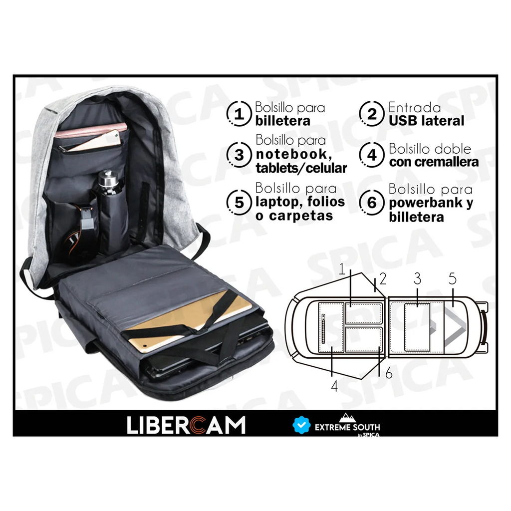 Interior con compartimiento para notebook y bolsillos para power bank Spica M-10
